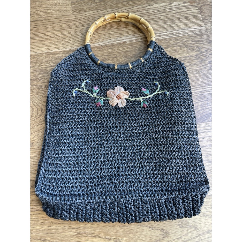 Vintage Black Crocheted  Handbag W/ Bamboo Handles, Floral Scala Gal